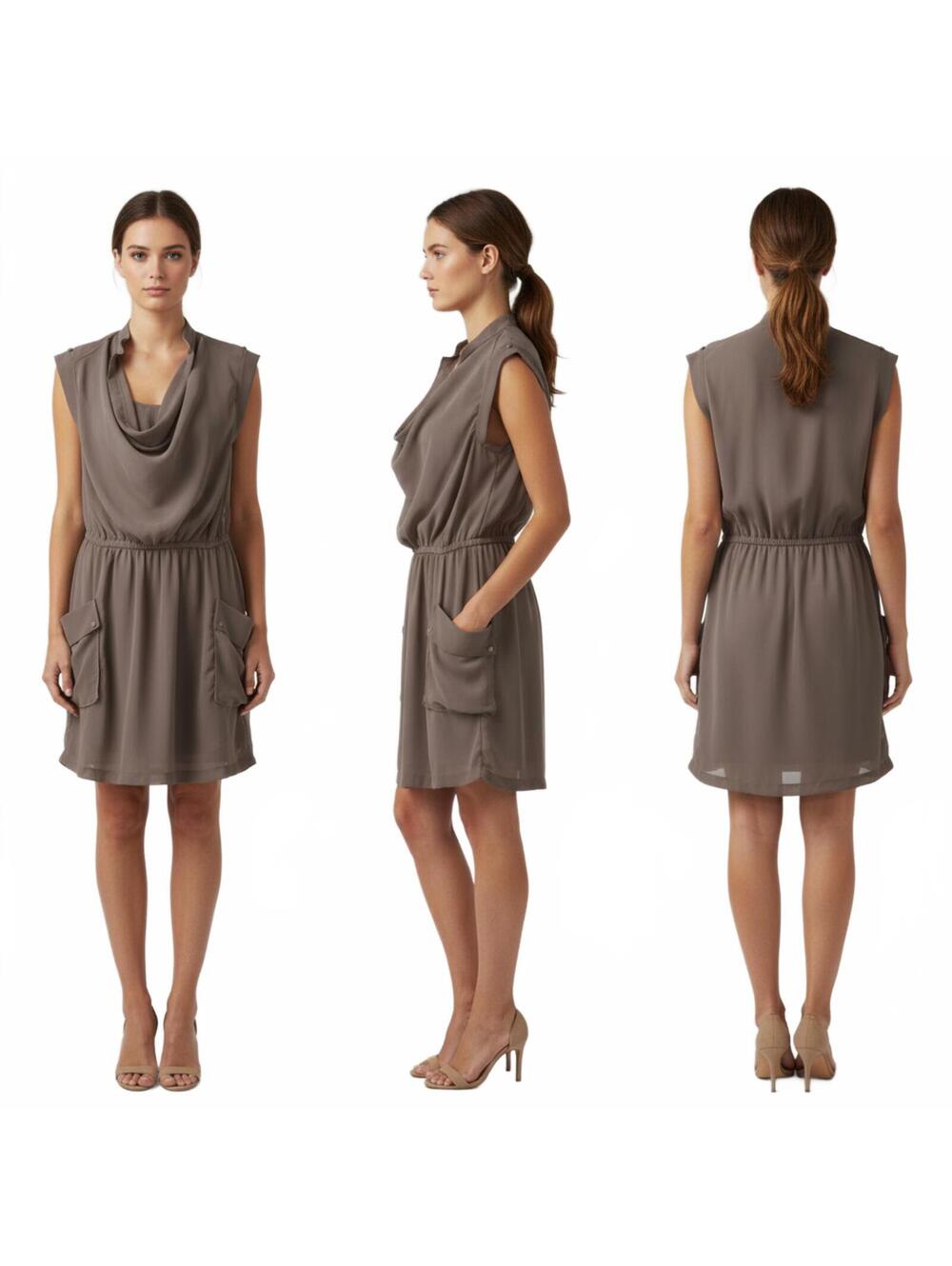 Foreign Exchange Dress Sheer Sleeveless Pockets Cowl Neck Casual Gray S